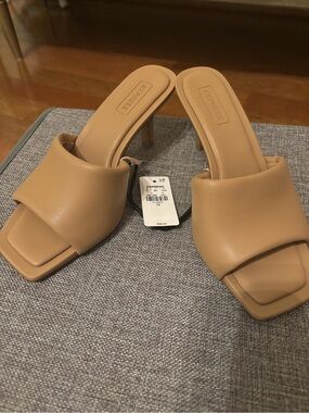 Express Women’s Tan Square-Toe Mule Heels